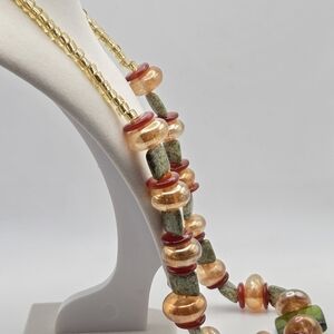 Statement Gold Tone Glass & Mottled Stone Beaded Necklace